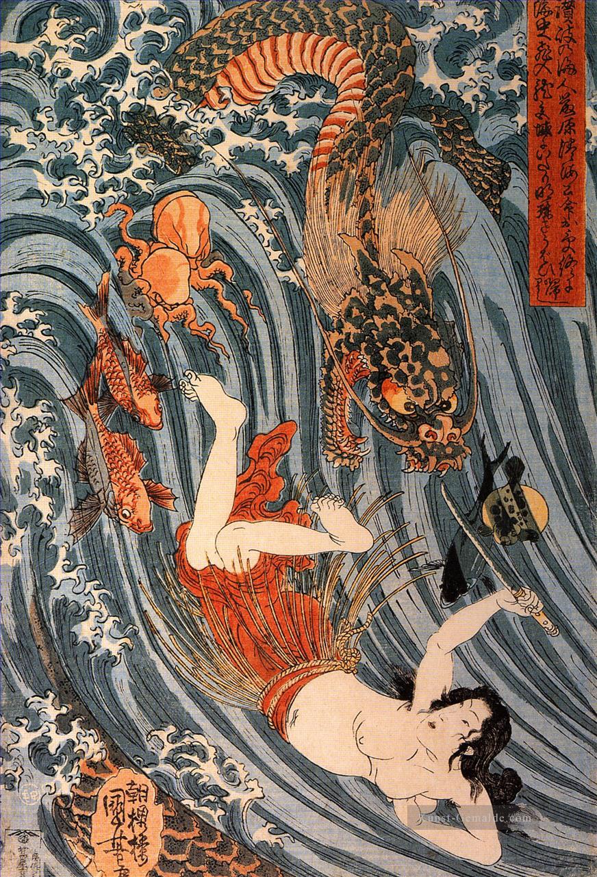 Tamatori verfolgt wird bya Drachen Utagawa Kuniyoshi Japanisch Ölgemälde